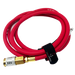 Image of Thor’s Lightning 8ft red extension hose with brass fittings and quick-connect coupler, coiled with black branded strap, front view on white background.