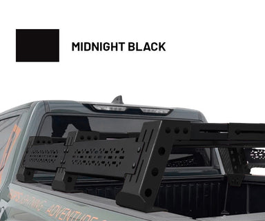 Image of Thors Lightning truck bed rack in midnight black finish mounted on pickup truck, angled rear side view.