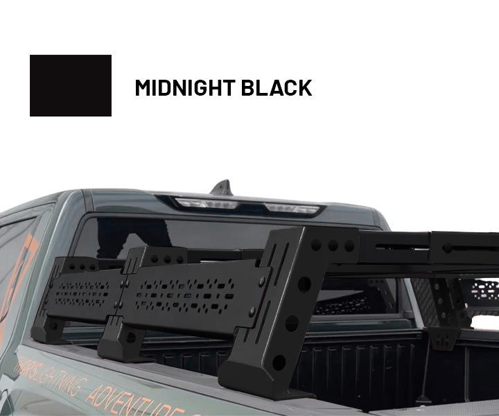 Image of Thors Lightning truck bed rack in midnight black finish mounted on pickup truck, angled rear side view.