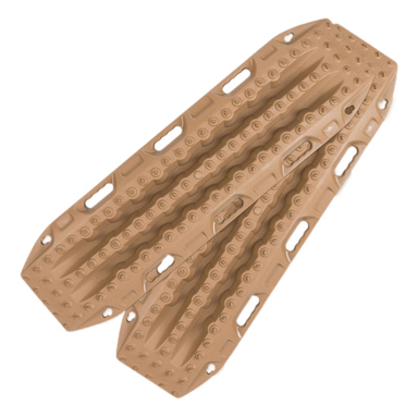 Image of two tan off-road vehicle recovery traction boards with grip patterns and handles, presented on a light grey background.