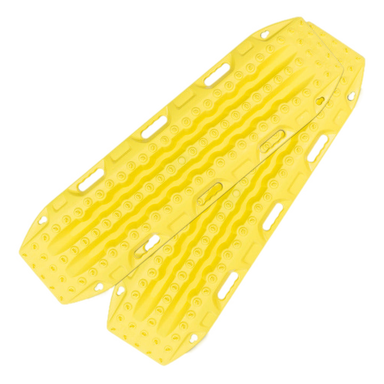 Image of two blaze yellow recovery traction boards, side-by-side with textured surfaces and handholds, on a light gray background.