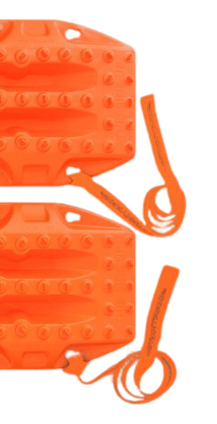 Image of MAXTRAX bright orange telltale recovery leashes attached to recovery boards, close-up angled view on white background.