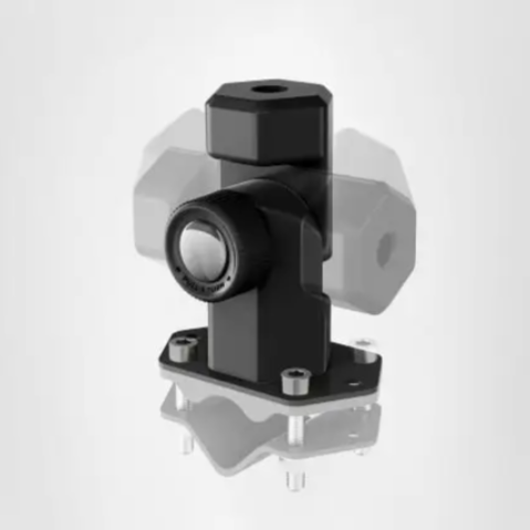 Image of a black, two-part adjustable mounting bracket with bolts and nuts. The image is a diagram showing the bracket's range of motion with a ghosted effect