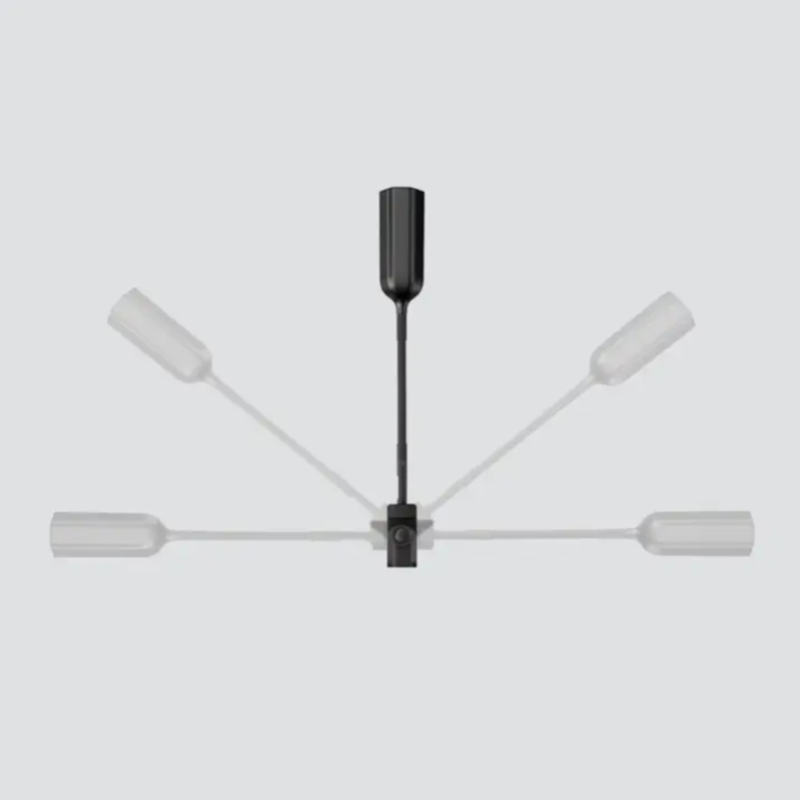 Image of a black cellular antenna on a pole, demonstrating its range of motion. The diagram shows the antenna in a vertical position with three ghosted, angled versions of the antenna on either side to illustrate its full range of movement