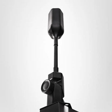 Image of a black cellular antenna on a pole, with a knob for adjustment, shown from a low angle on a white background. The photo is a close-up of the upper section of the device