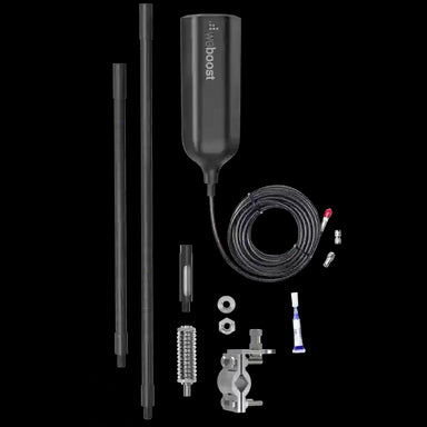 Image of a WeBoost Drive Reach cell signal booster kit, featuring a black booster unit, two black antenna poles, a coiled black cable, and various mounting hardware components, laid out on a white background.