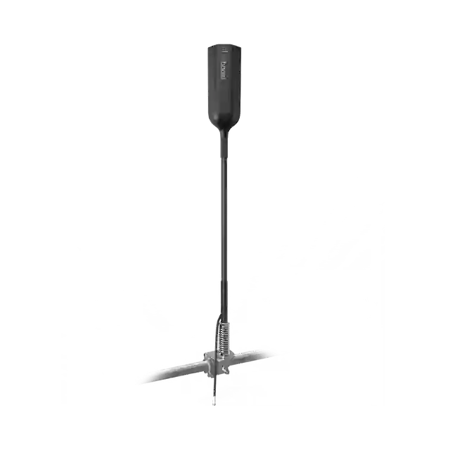 Image of a dark grey WeBoost cell signal booster unit mounted atop a tall black antenna pole, secured by a silver spring base with a ground spike, standing vertically on a black background.