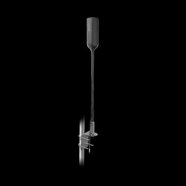 Image of a grey WeBoost antenna, featuring a slender pole extending from a spring base, standing vertically on a black background.