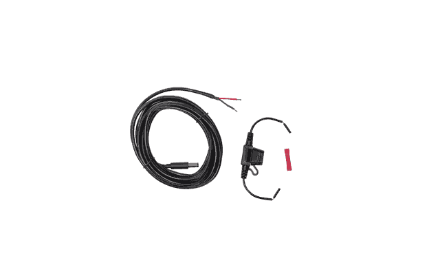Image of weBoost 12V hardwire power supply kit with coiled black cable, inline fuse, and wiring connectors, angled top view on black background.