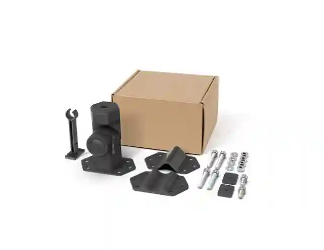 Image of a WeBoost antenna mounting kit, featuring a brown cardboard box, a black adjustable mount, two black flat mounting plates, and a collection of silver bolts, washers, and nuts, all laid out on a white background.